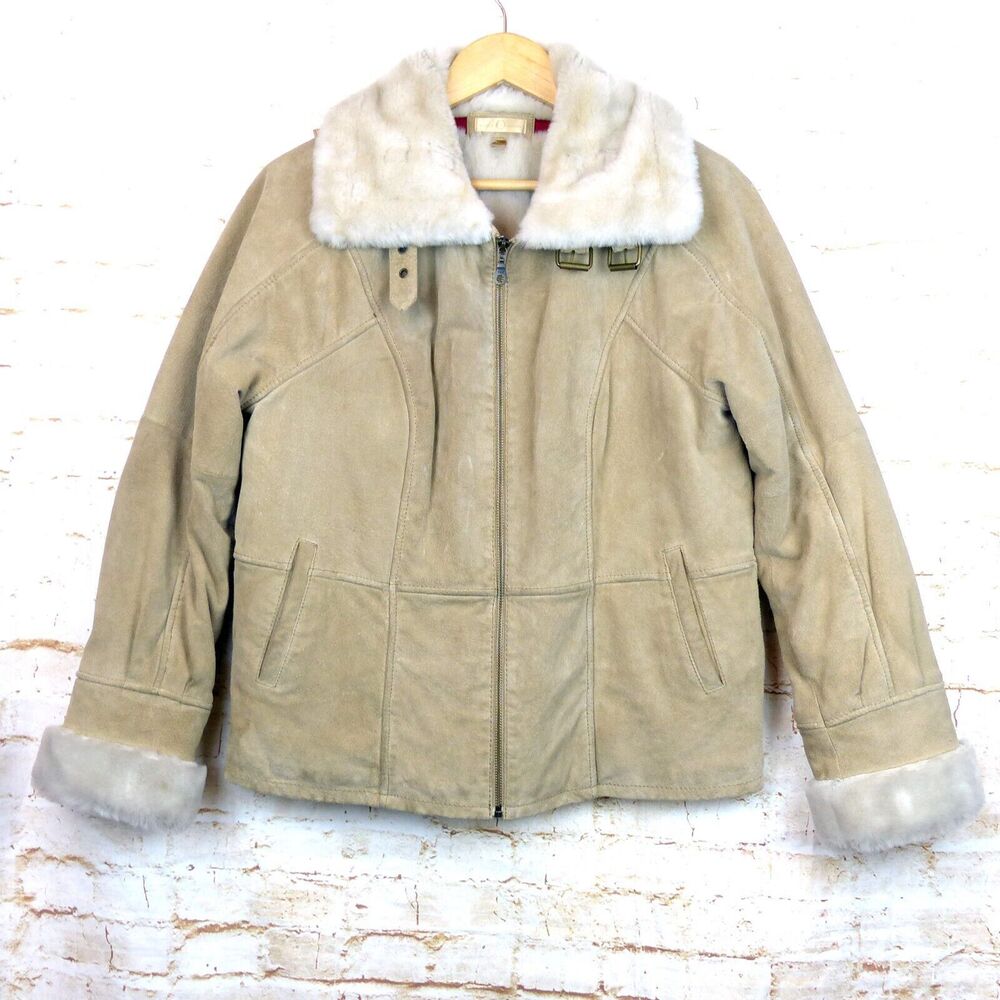 VTG Wilsons Suede Leather Bomber Aviator Flight Jacket Womens L Fur Lined Beige